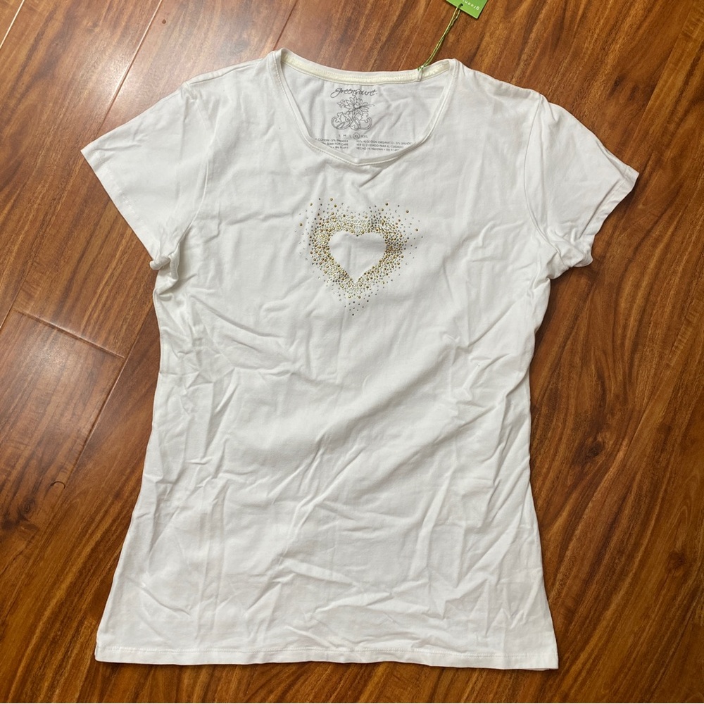 NWT New GreenSource White Embellished Heart Crew Organic Cotton T-Shirt Size XL